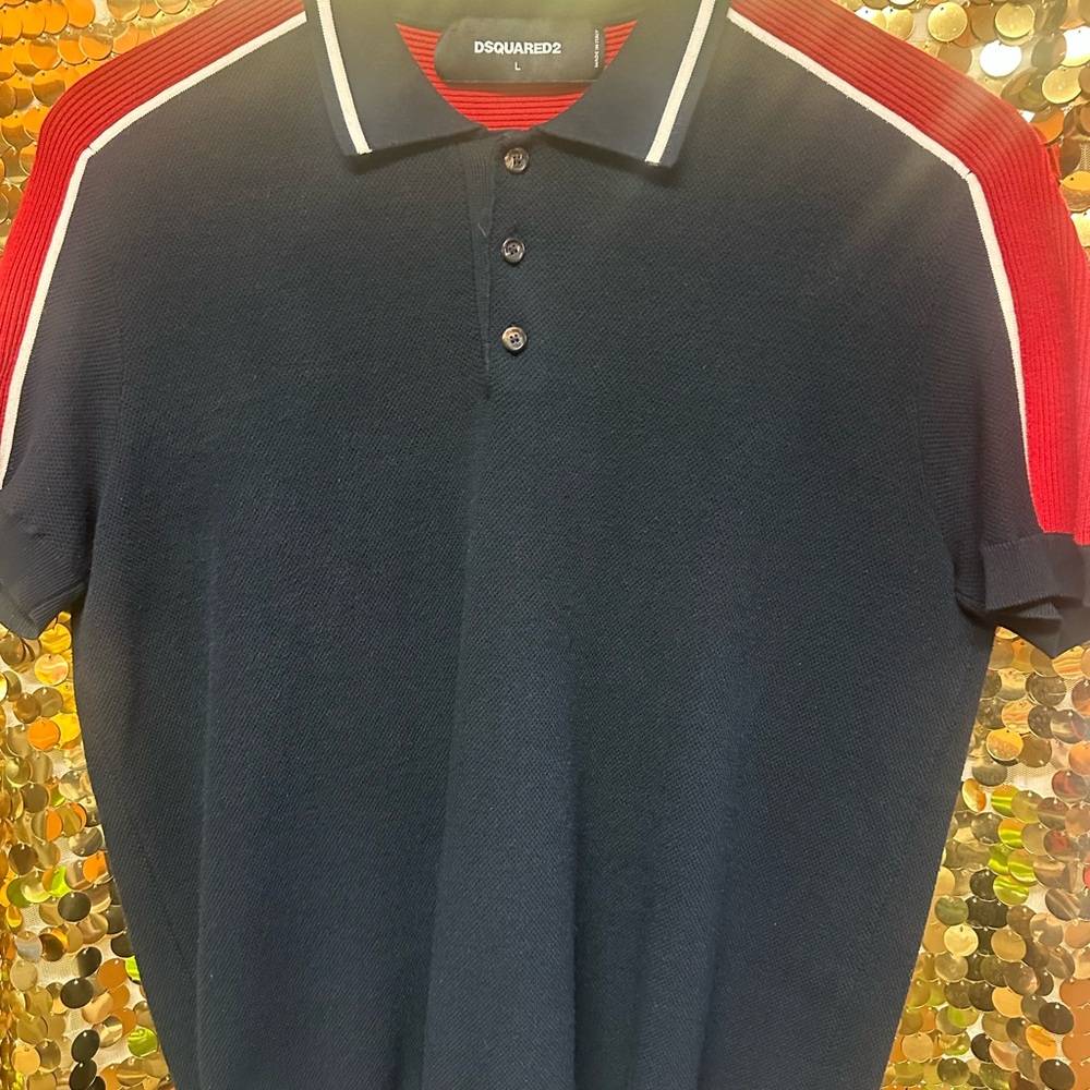 DSQUARED2 Dark Blue Polo with Red and White Stripes